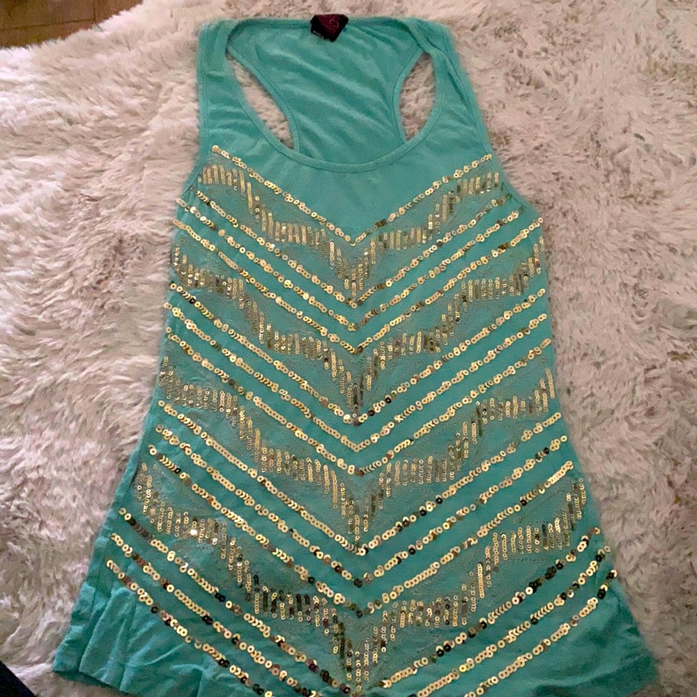 2b Bebe racer back top with gold sequins.